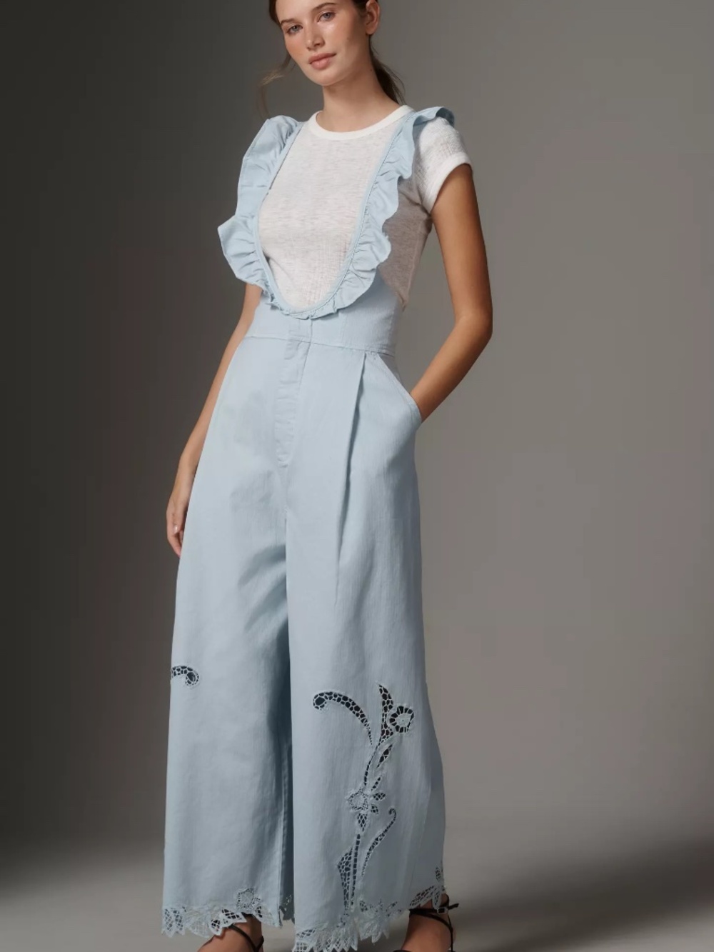 Anthropologie Eyelet Washed Overalls Light Blue Cotton Wide-Leg Jumpsuit NWT